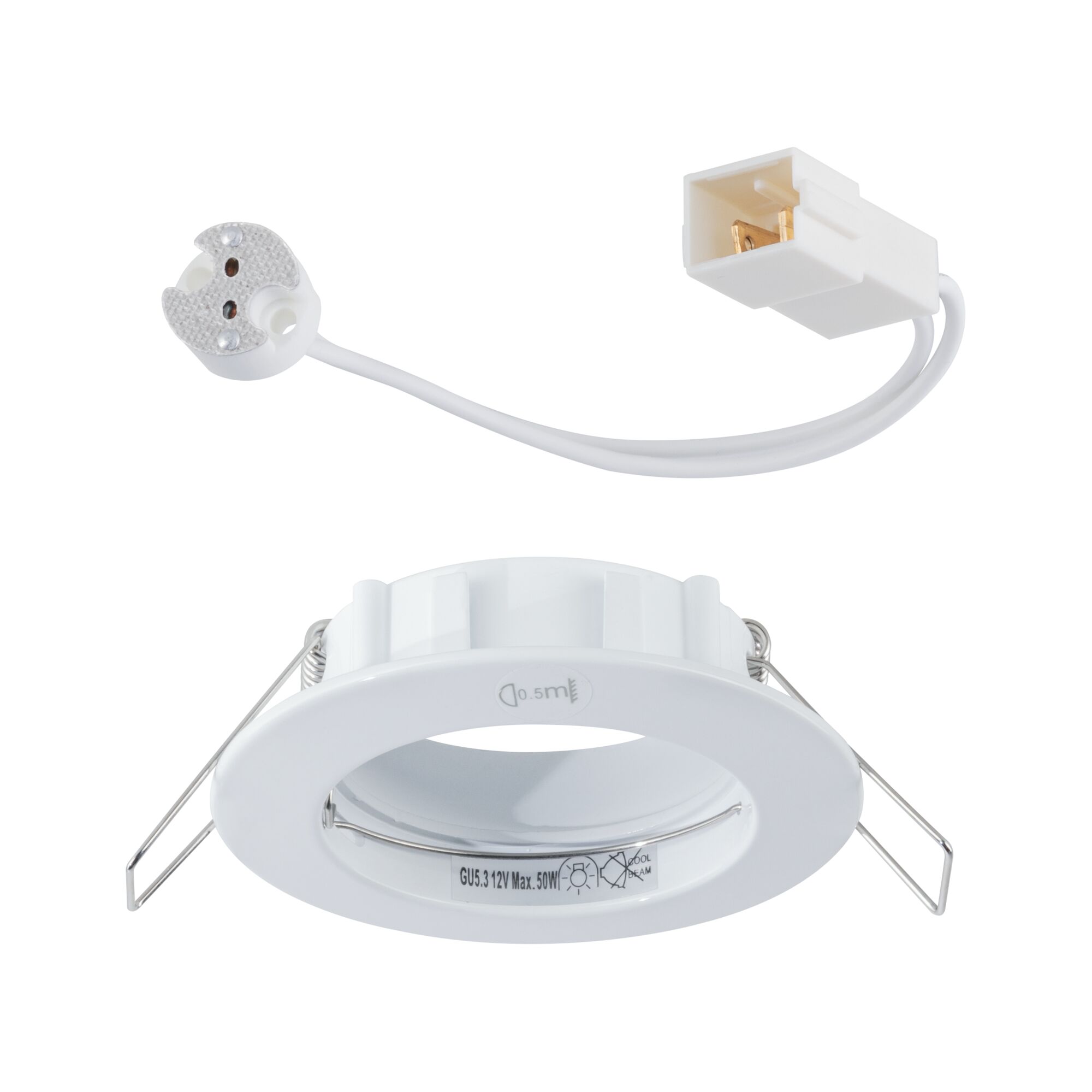 White plastic recessed spotlight with GU5.3 socket and connector cable for LED bulbs
