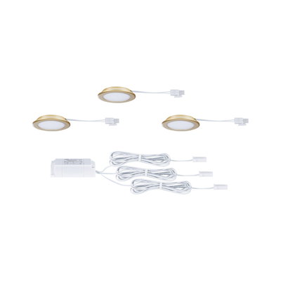 Three gold LED recessed lights with white diffuser and cables including power supply for home lighting