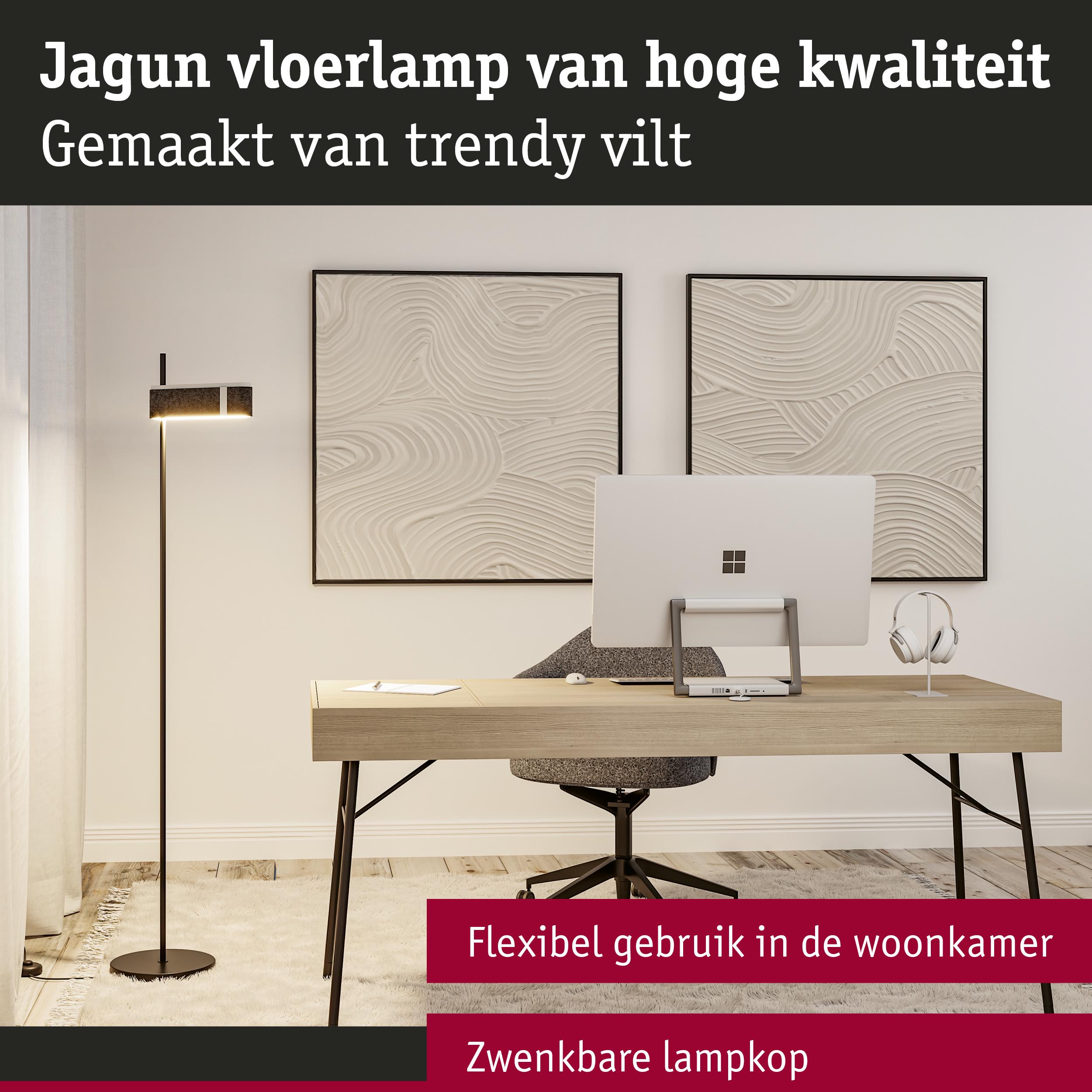 Jagun vloerlamp van zwart vilt met zwenkbare lampkop voor flexibel gebruik in de woonkamer