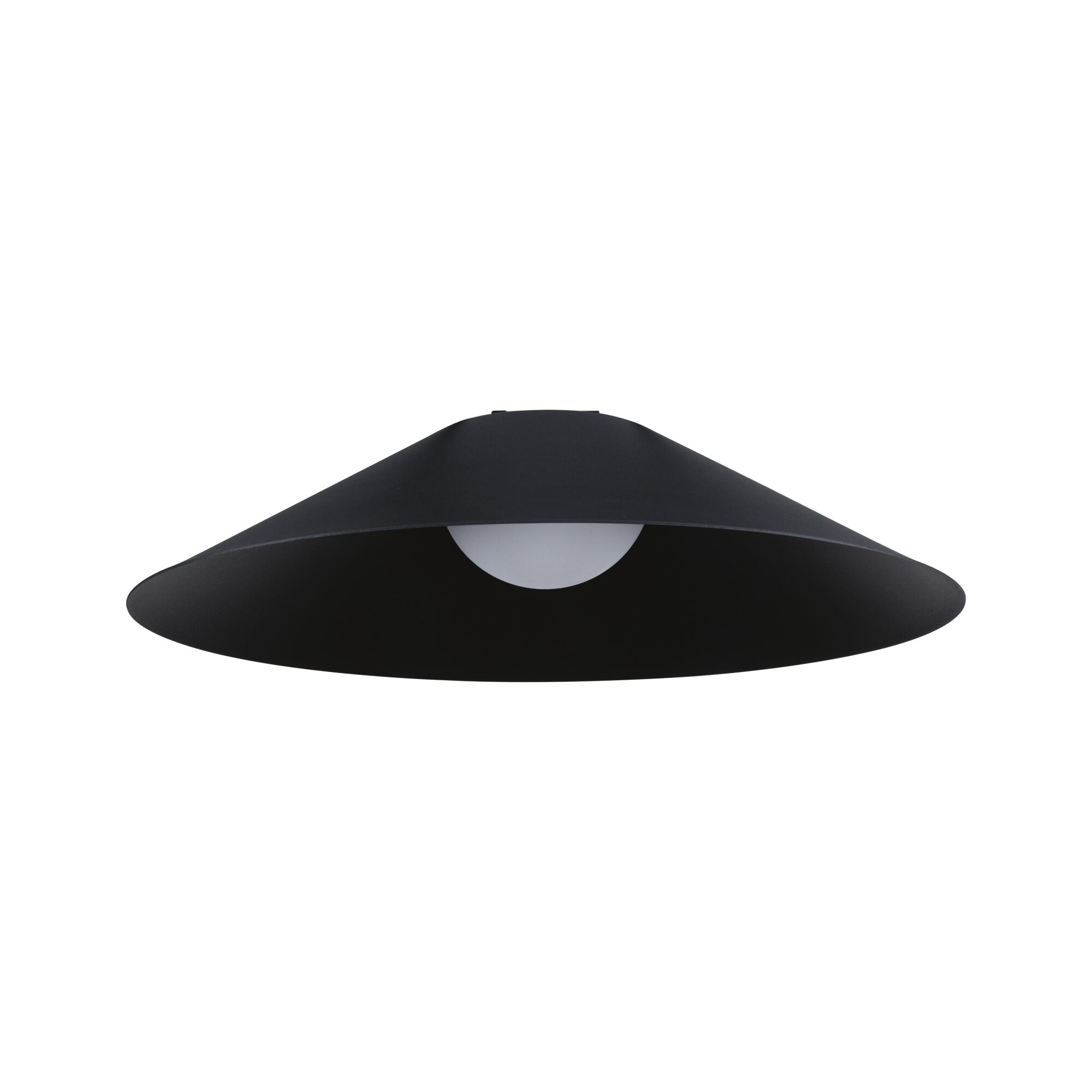 Black metal ceiling lamp with wide conical shade and white bulb for modern interior lighting