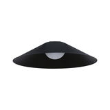 Black metal ceiling lamp with wide conical shade and white bulb for modern interior lighting