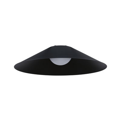 Black metal ceiling lamp with wide conical shade and white bulb for modern interior lighting