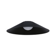 Black metal ceiling lamp with wide conical shade and white bulb for modern interior lighting