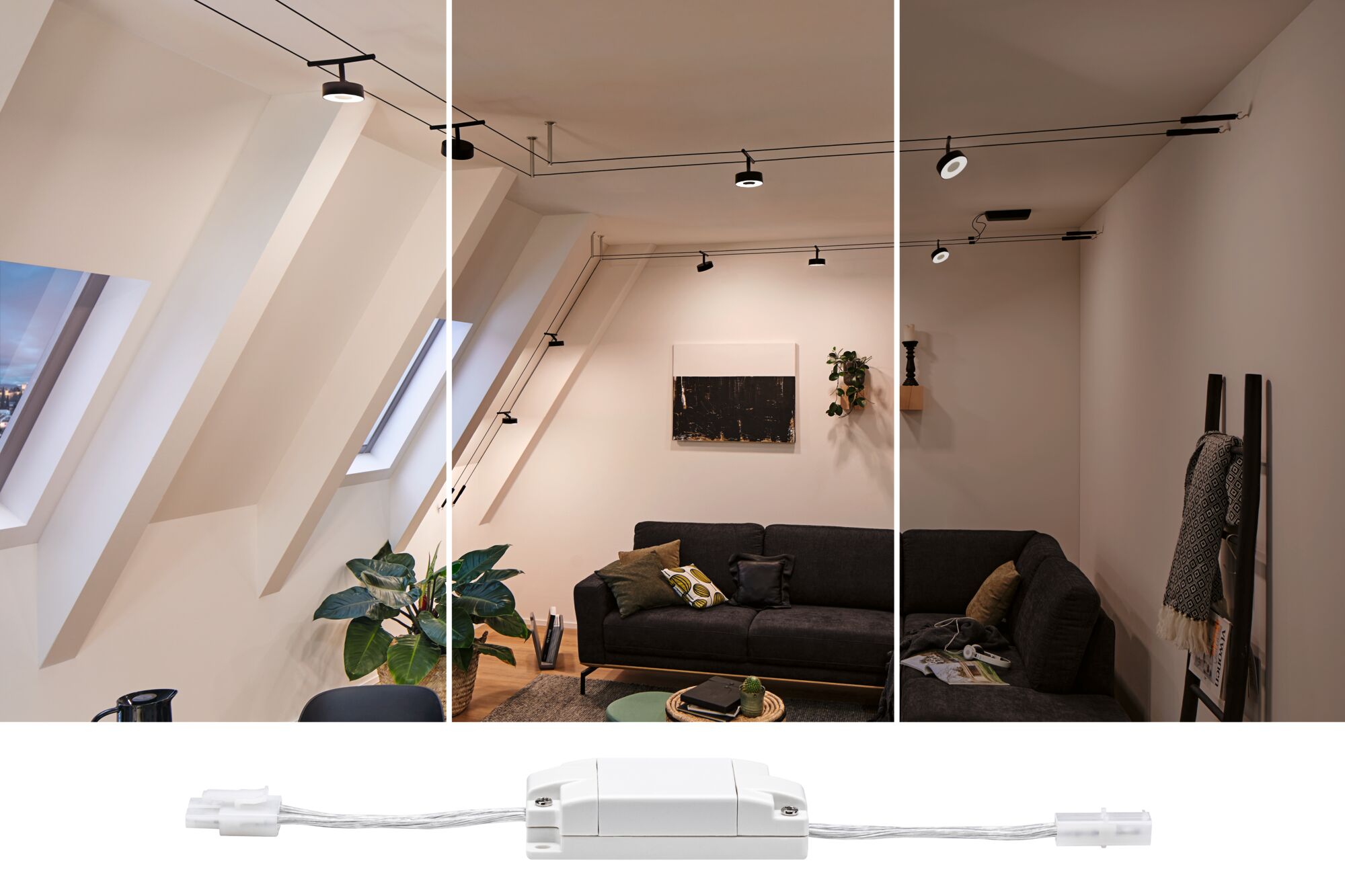 Weißer LED-Verbindungskabel-Adapter für flexible Stromversorgung bei Paulmann Schienensystemen.