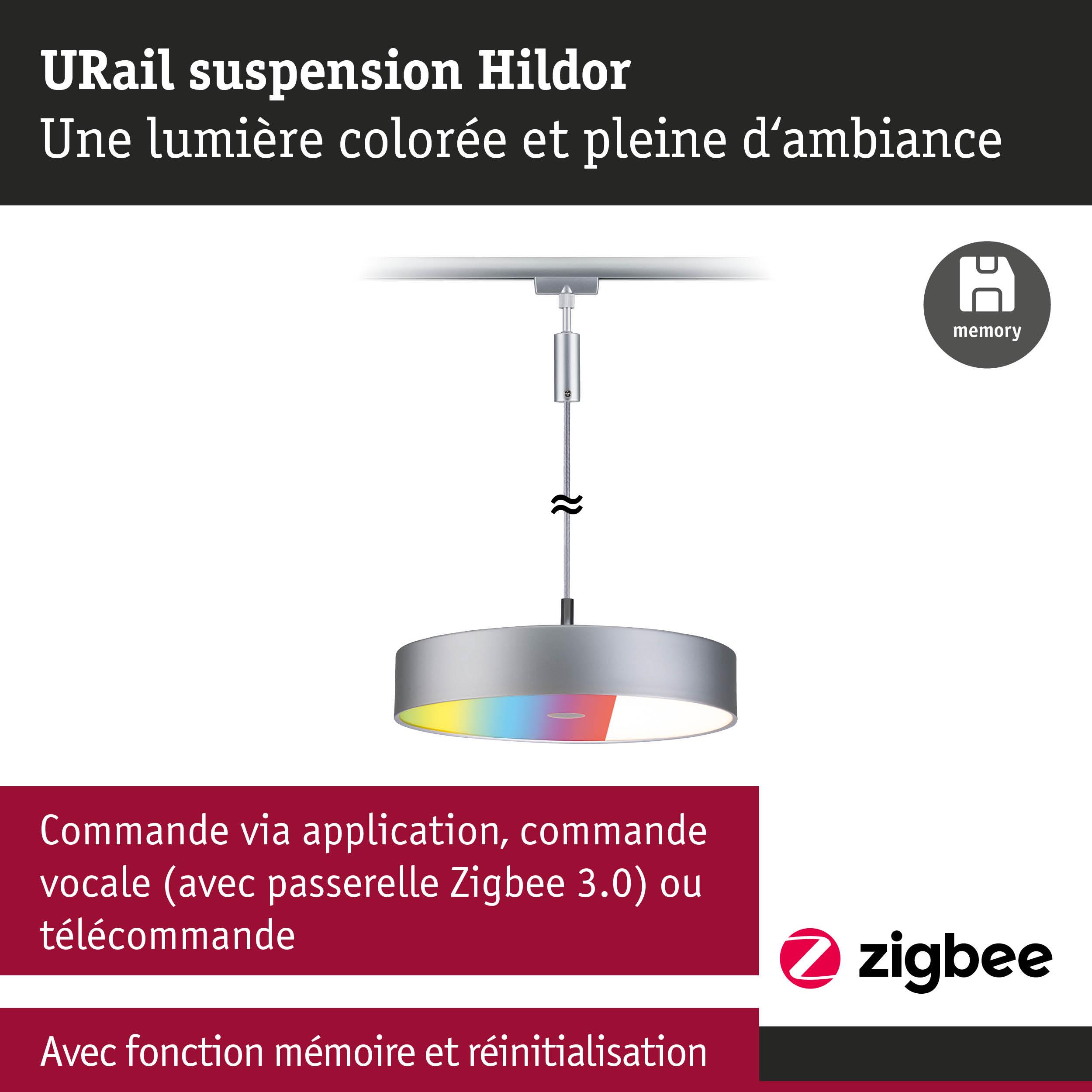 Suspension URail Hildor argentée avec lumière LED multicolore et commande Zigbee