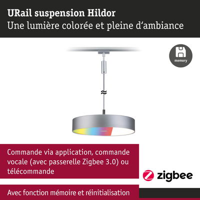 Suspension URail Hildor argentée avec lumière LED multicolore et commande Zigbee