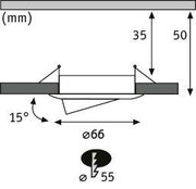 Technical drawing of adjustable LED recessed spotlight with 66 mm diameter and 15-degree tilt