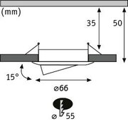 Schéma technique d'un spot LED encastré orientable de 66 mm de diamètre et inclinaison de 15 degrés