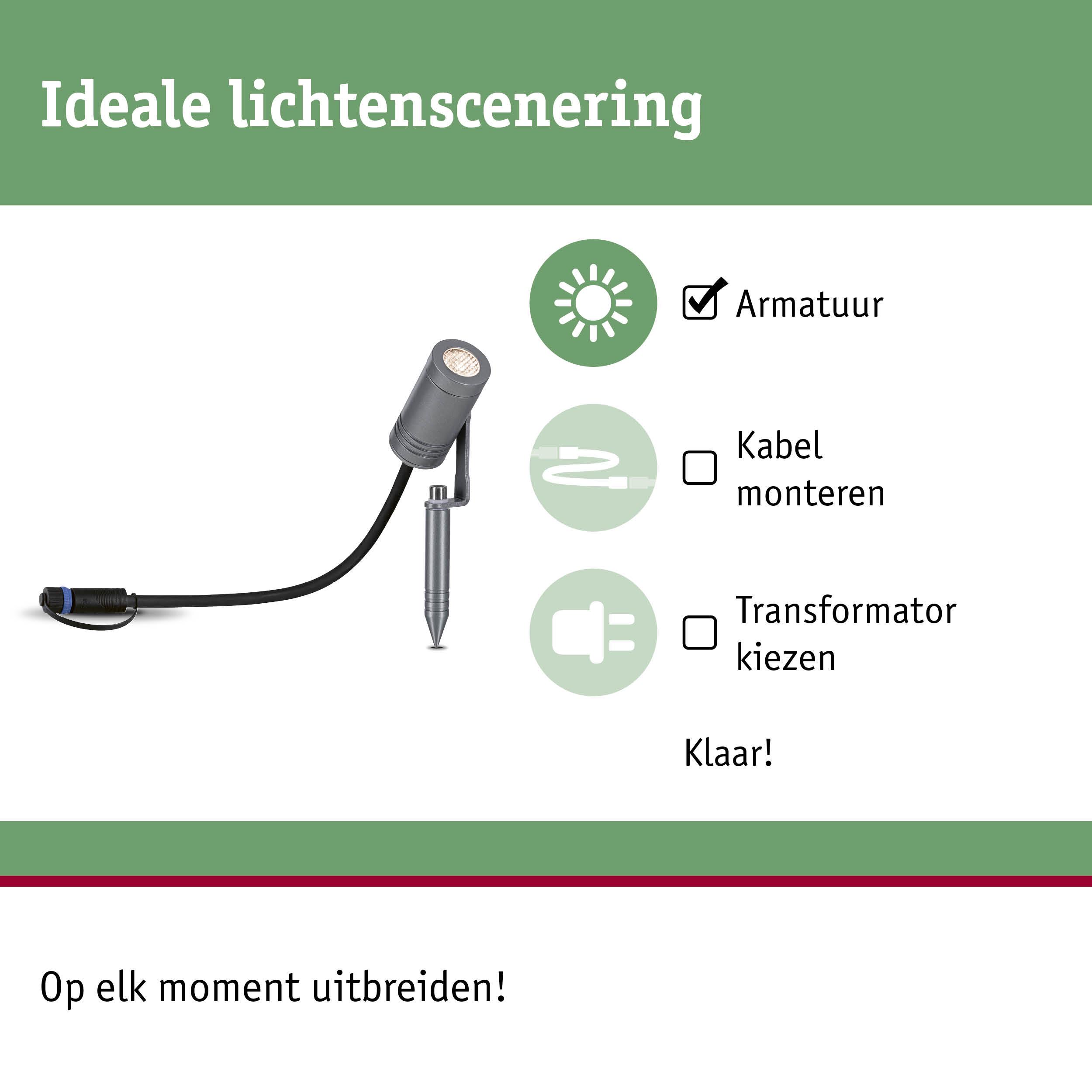 Grijze LED-tuinschijnwerper met grondpen voor eenvoudige montage zonder kabel of transformator