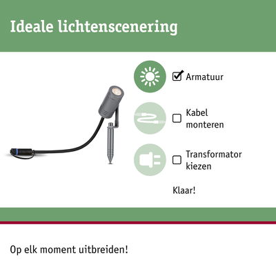 Grijze LED-tuinschijnwerper met grondpen voor eenvoudige montage zonder kabel of transformator