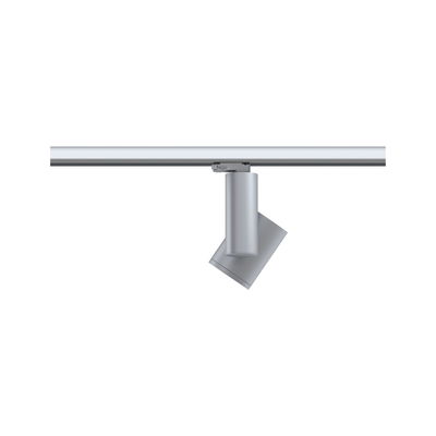 Moderner silberner LED-Strahler aus Metall an Schienensystem für flexible Beleuchtung