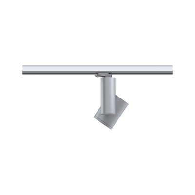 Moderner silberner LED-Strahler aus Metall an Schienensystem für flexible Beleuchtung