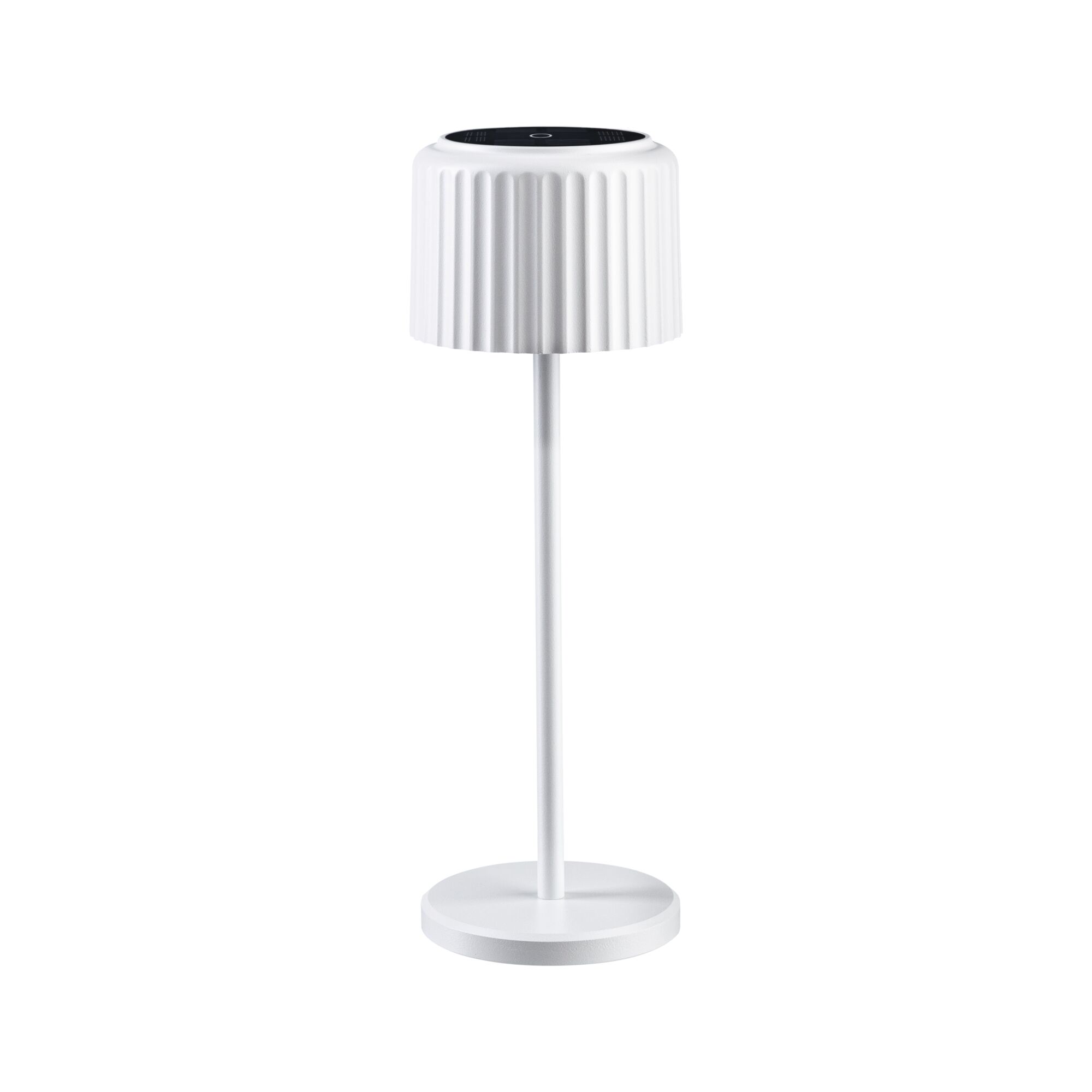 White metal table lamp with ribbed lampshade and round base for stylish home lighting