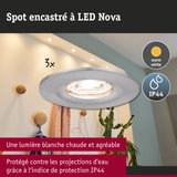 Spot encastré LED Nova en aluminium argenté avec lumière blanc chaud et protection IP44