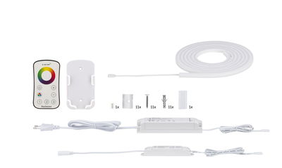 White LED strip kit with remote control, power supply, and mounting accessories for flexible lighting.
