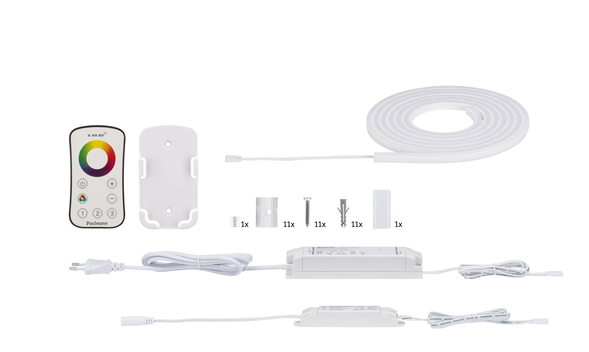 White LED strip kit with remote control, power supply, and mounting accessories for flexible lighting.