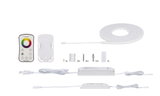 Weißes LED-Lichtband Set mit Fernbedienung, Netzteil und Montagematerial für flexible Beleuchtung.