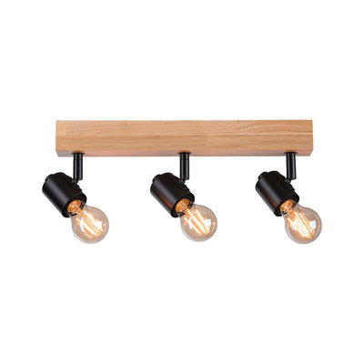 Three-light ceiling fixture with wooden base and black metal spotlights for modern interiors