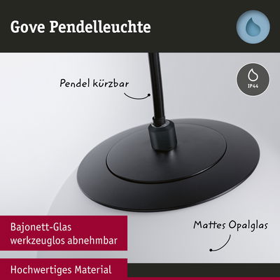 Gove Pendelleuchte mit mattem Opalglas und schwarzem Bajonett-Glas, IP44, kürzbarer Pendel