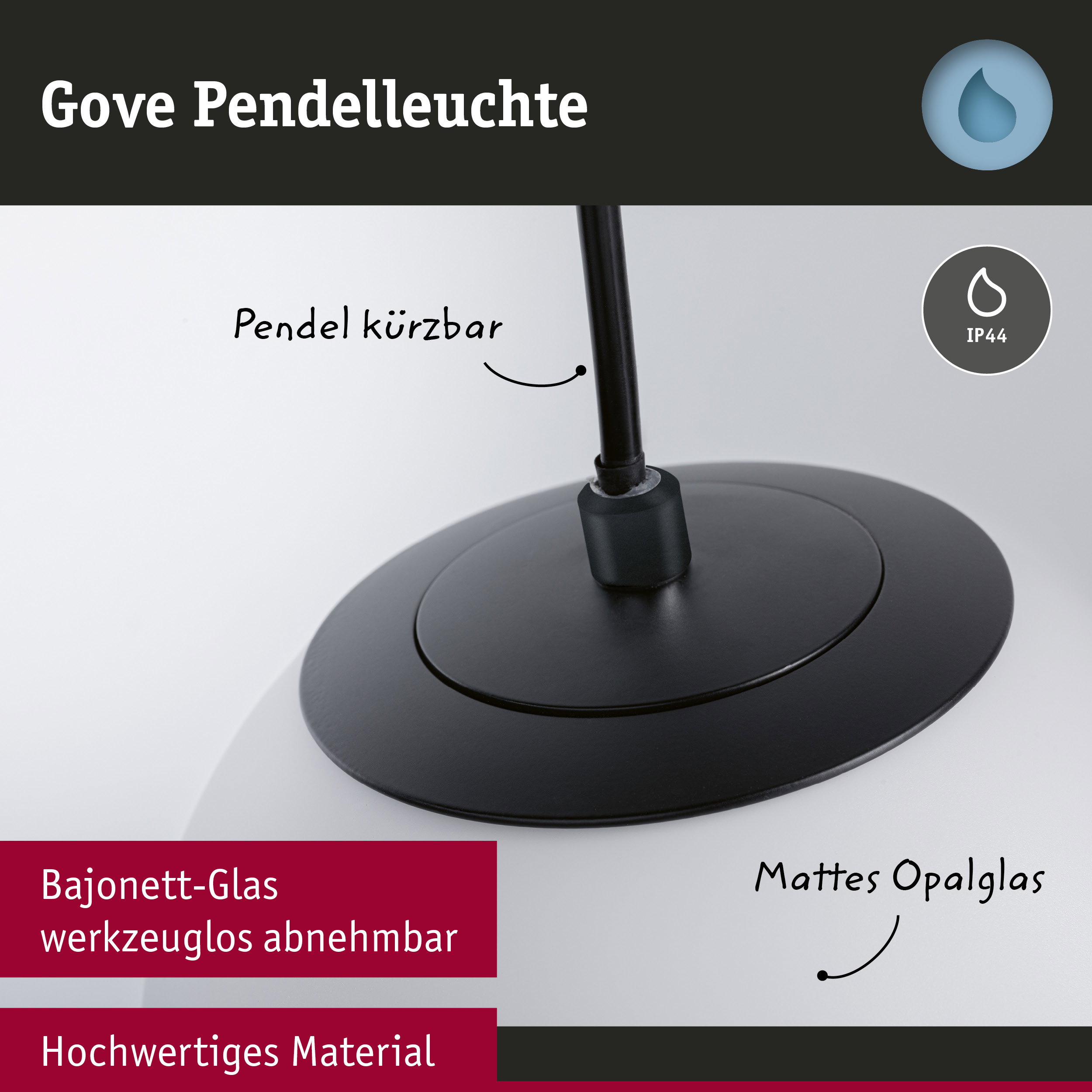 Gove Pendelleuchte mit mattem Opalglas und schwarzem Bajonett-Glas, IP44 Schutz für Badezimmer.