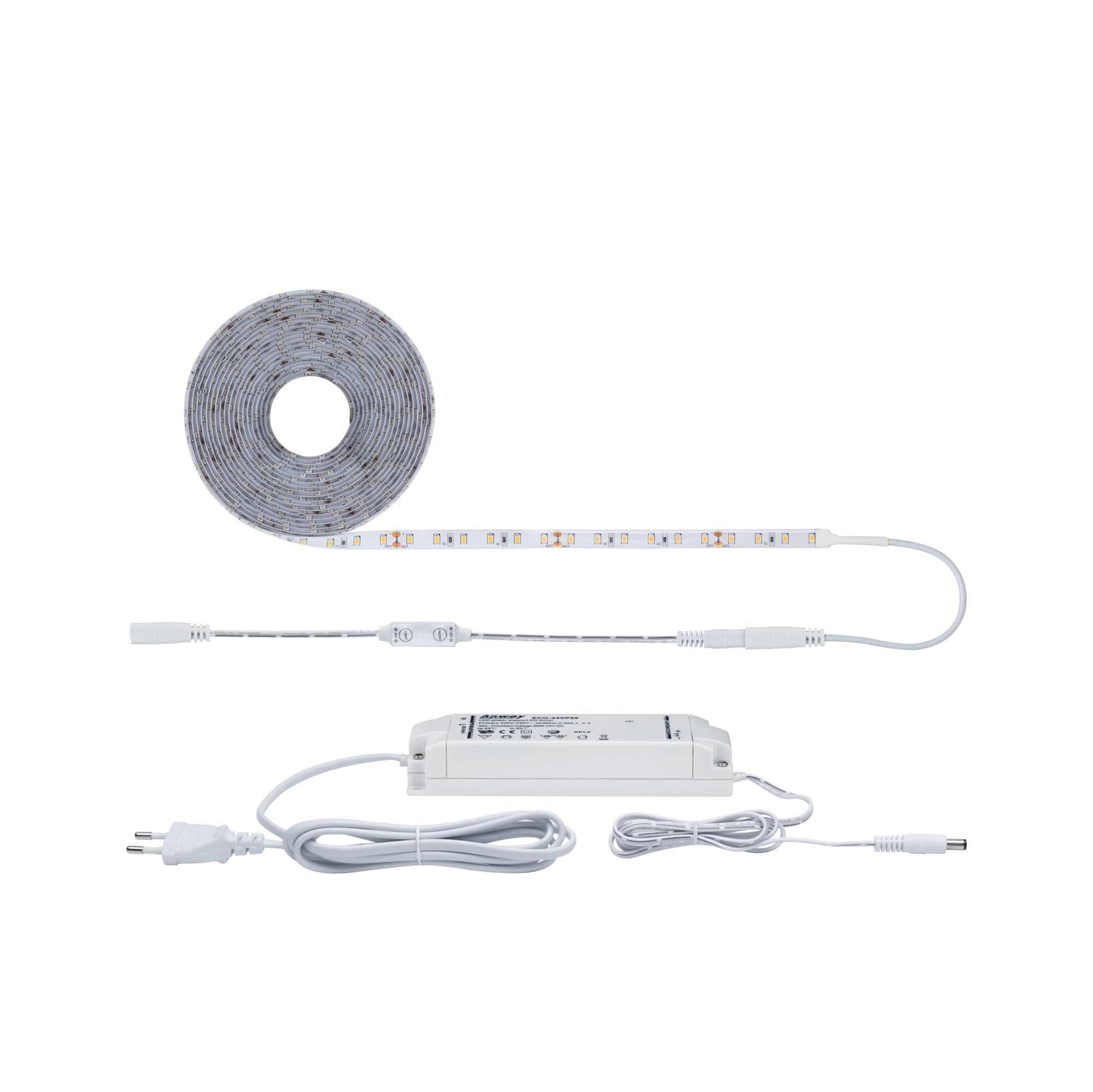 Weißes LED-Lichtband mit Netzteil und Dimmer für flexible Beleuchtungslösungen im Innenbereich