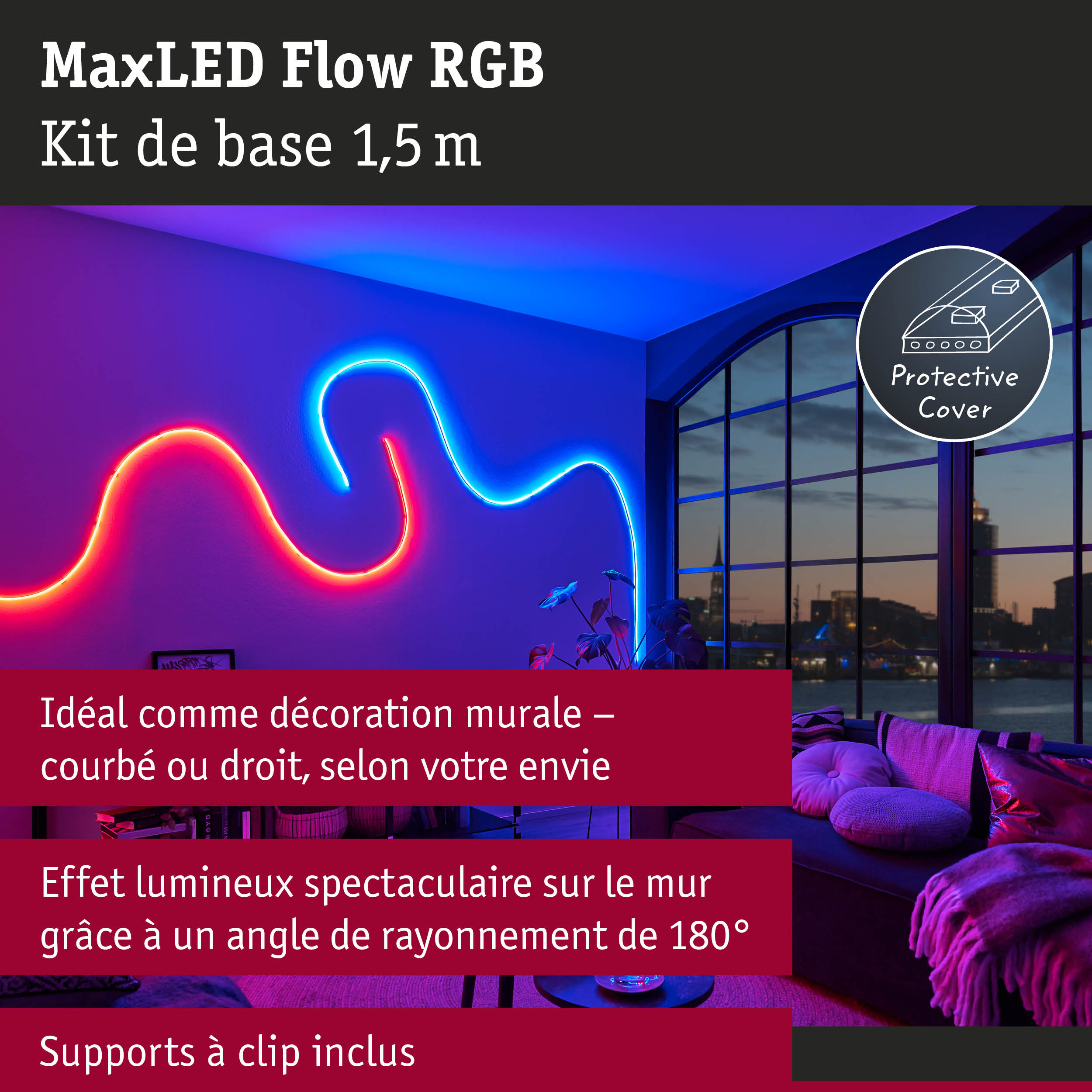 Bande LED MaxLED Flow RGB 1,5 m avec protection pour décoration murale en lumière bleue et rouge