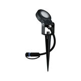 Zwarte LED-tuinschijnwerper met grondpen en kabel voor buitenverlichting en tuinlicht.