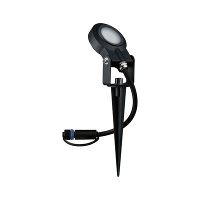 Zwarte LED-tuinschijnwerper met grondpen en kabel voor buitenverlichting en tuinlicht.