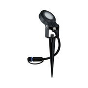 Black LED garden spotlight with ground spike and cable for outdoor lighting and garden illumination.