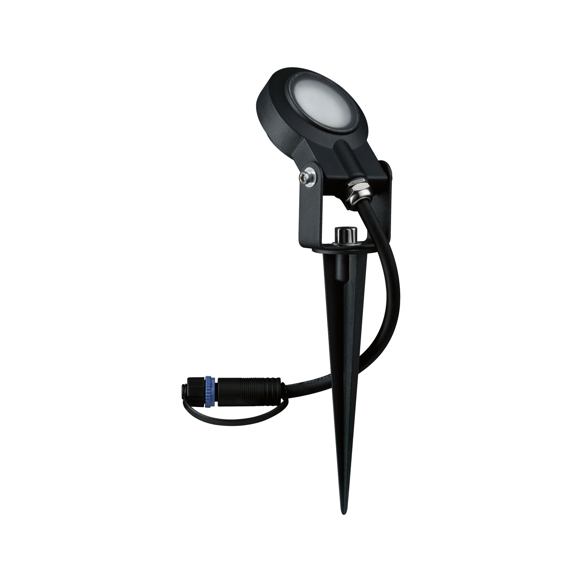 Black LED garden spotlight with ground spike and cable for outdoor lighting and garden illumination.