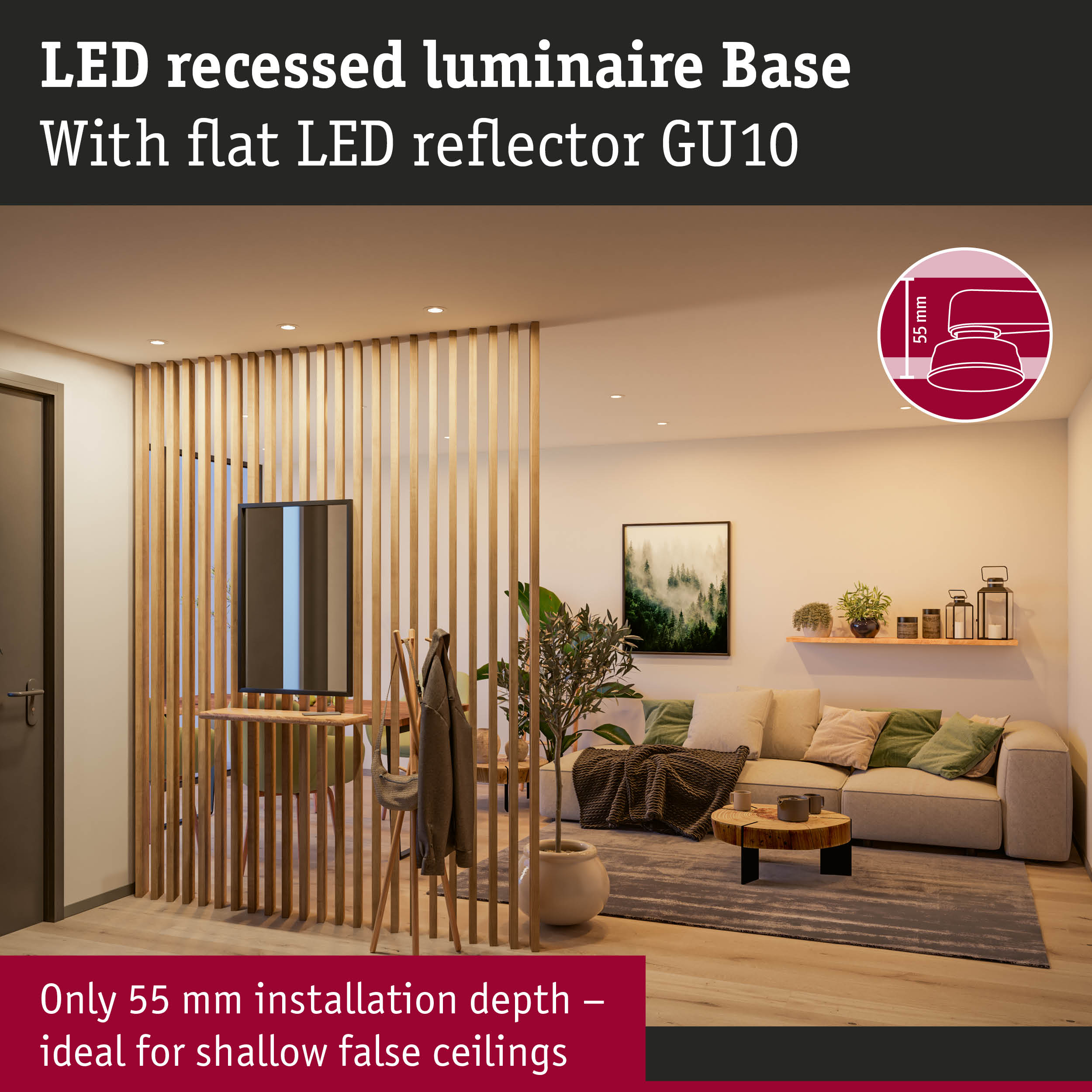 LED recessed luminaire with flat LED reflector GU10 in modern living room with wooden decor