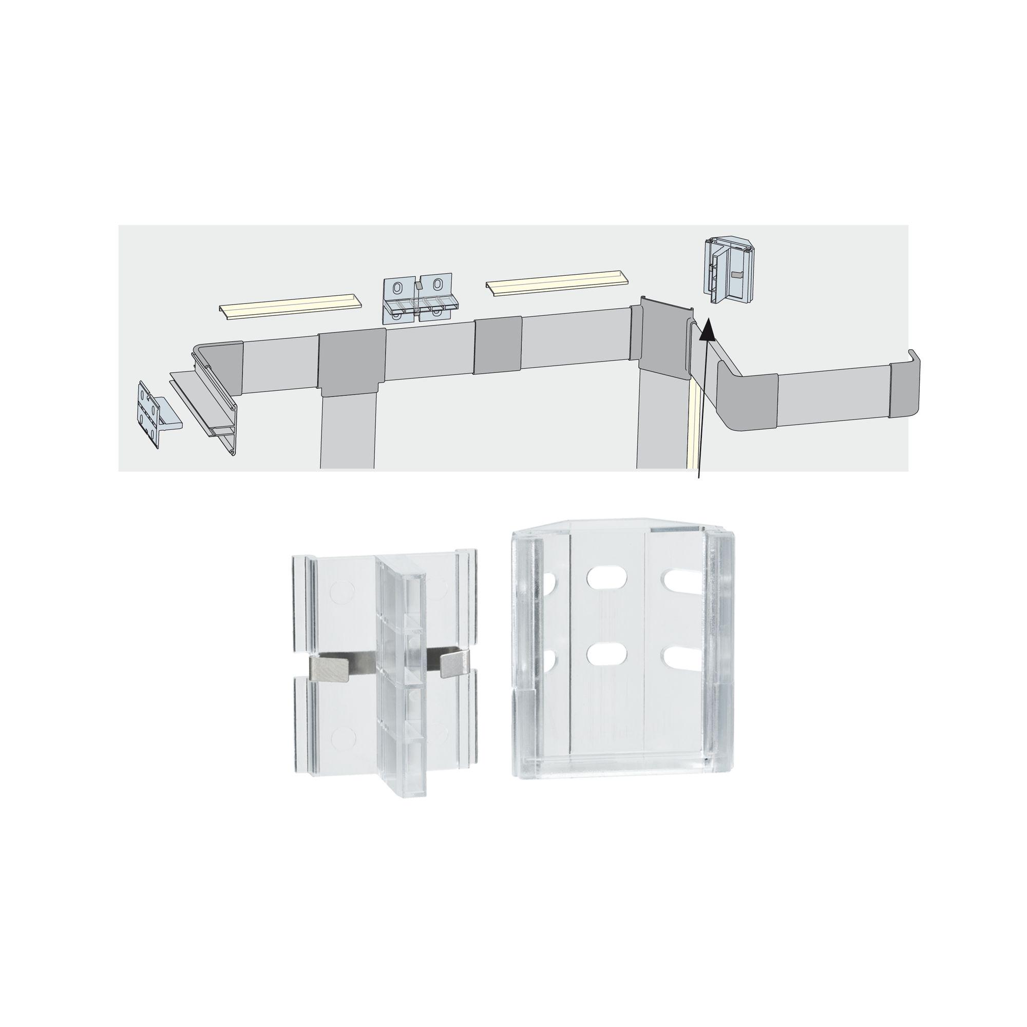 Transparent plastic connector for LED aluminum profiles with assembly guide for light strips.
