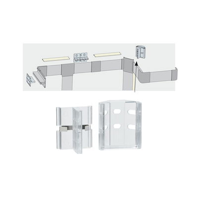 Transparent plastic connector for LED aluminum profiles with assembly guide for light strips.