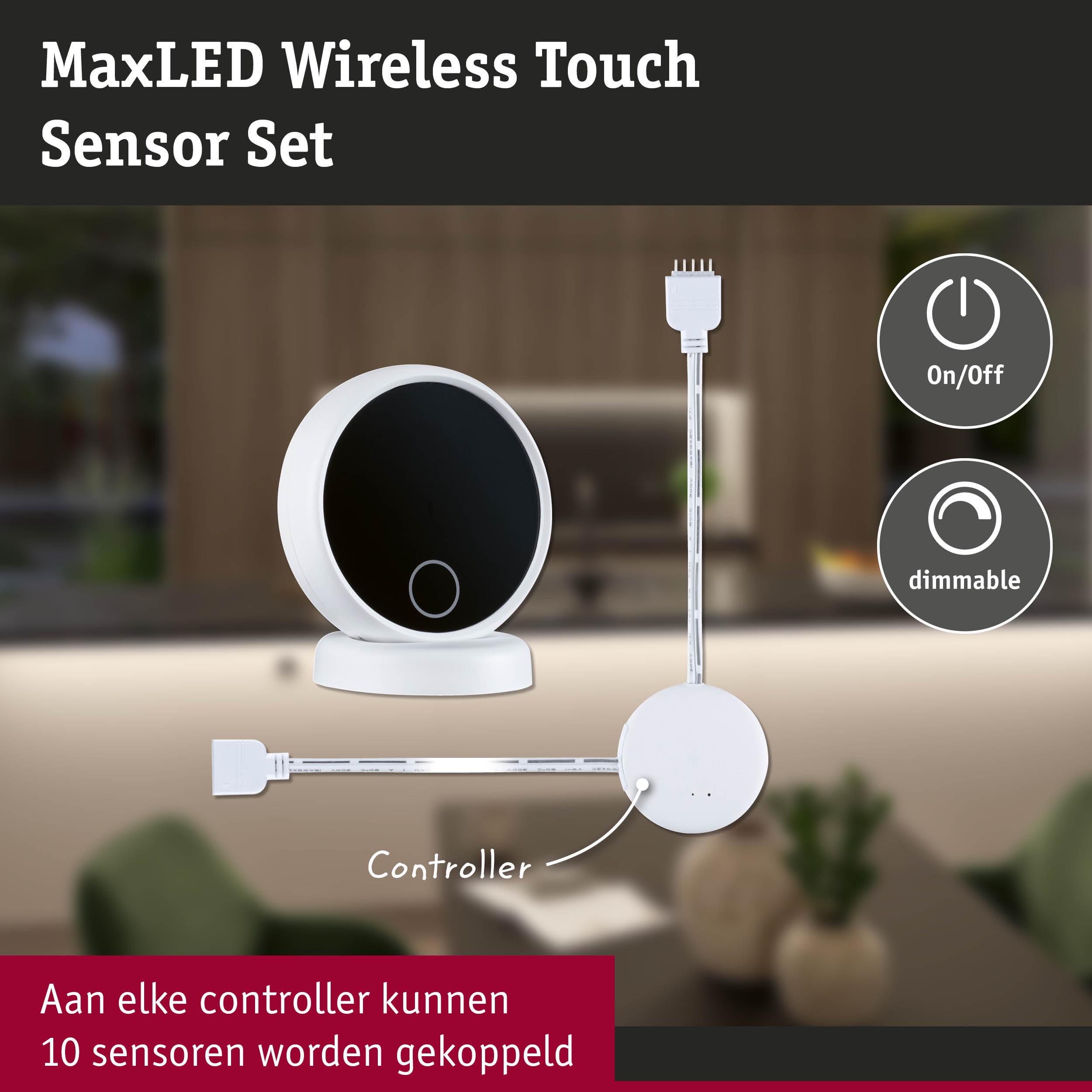MaxLED draadloos touch sensor set met witte controller en zwart touchpad voor dimbare lichtregeling