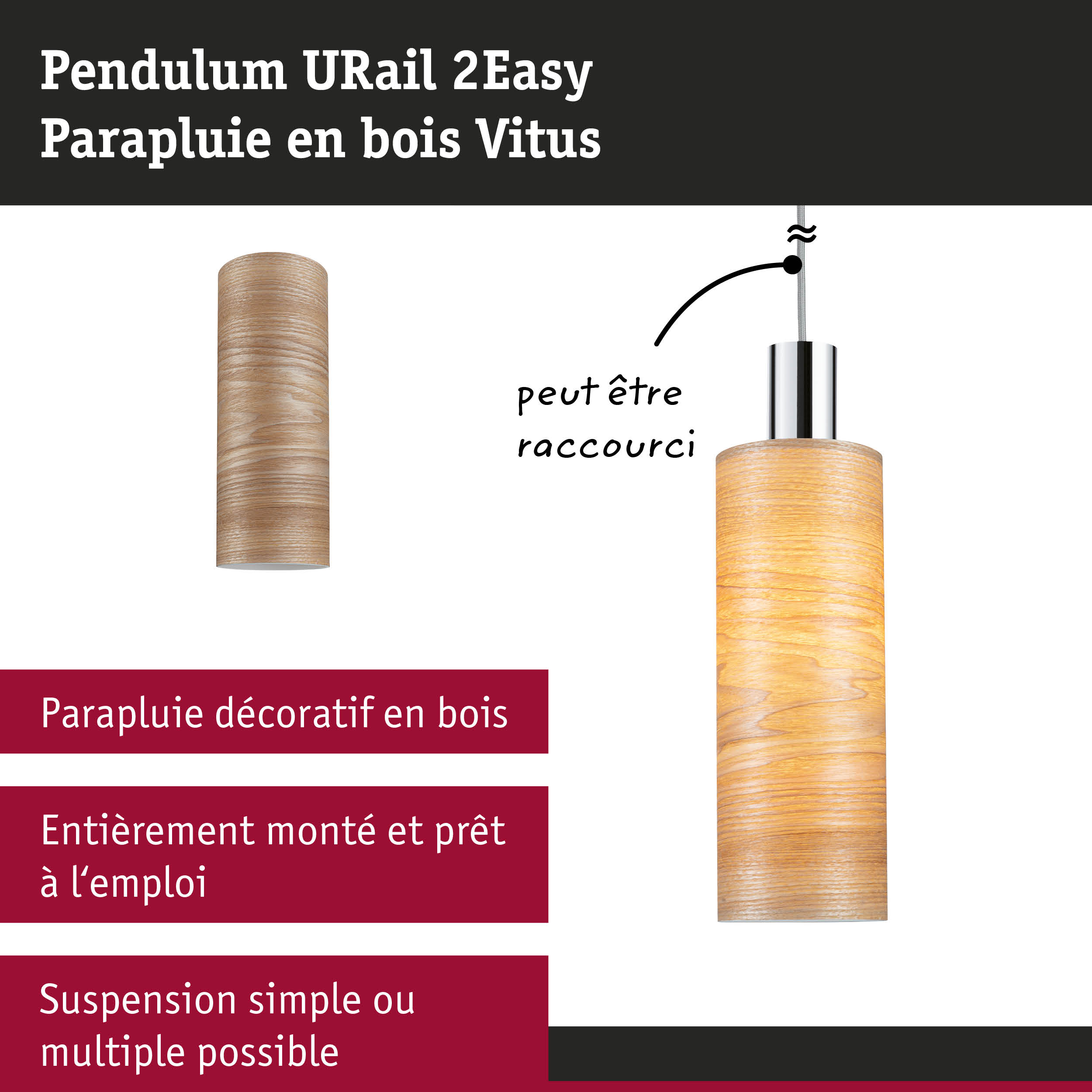 Suspension URail 2Easy en bois clair avec abat-jour cylindrique pour éclairage intérieur moderne