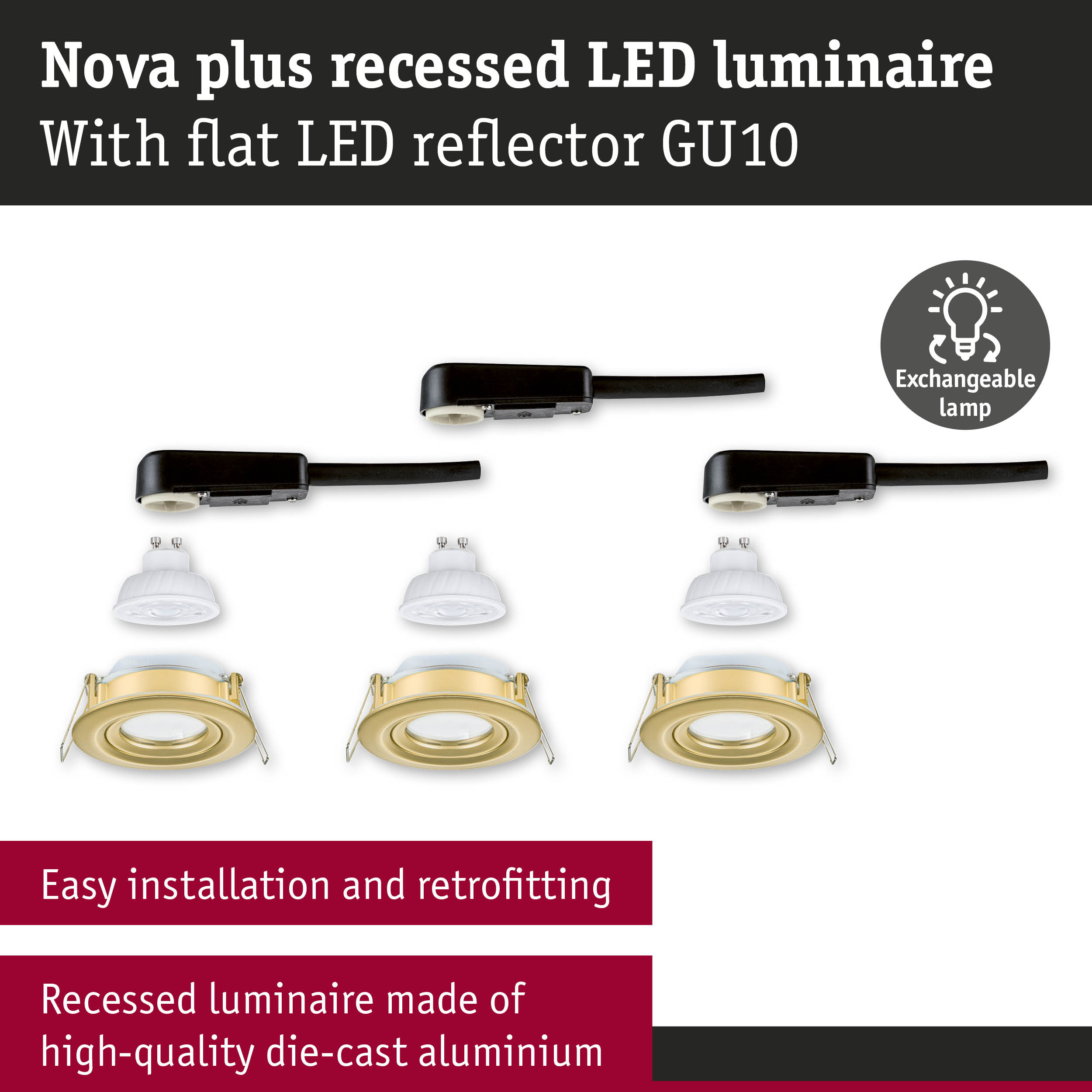Nova plus recessed LED luminaire in gold die-cast aluminium with exchangeable GU10 LED lamp