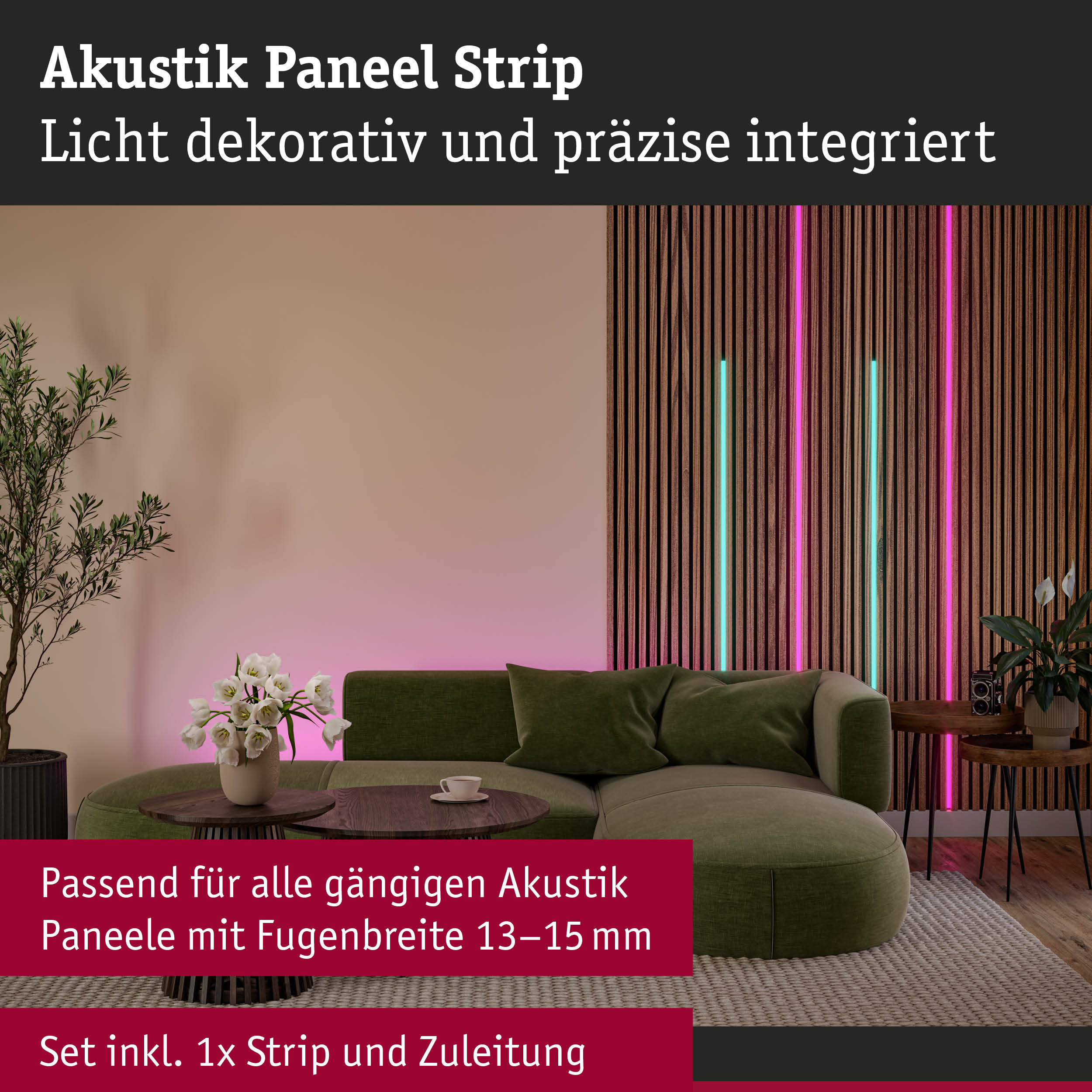 Akustik Paneel Strip aus Holz mit integrierter dekorativer LED-Beleuchtung in modernem Wohnzimmer