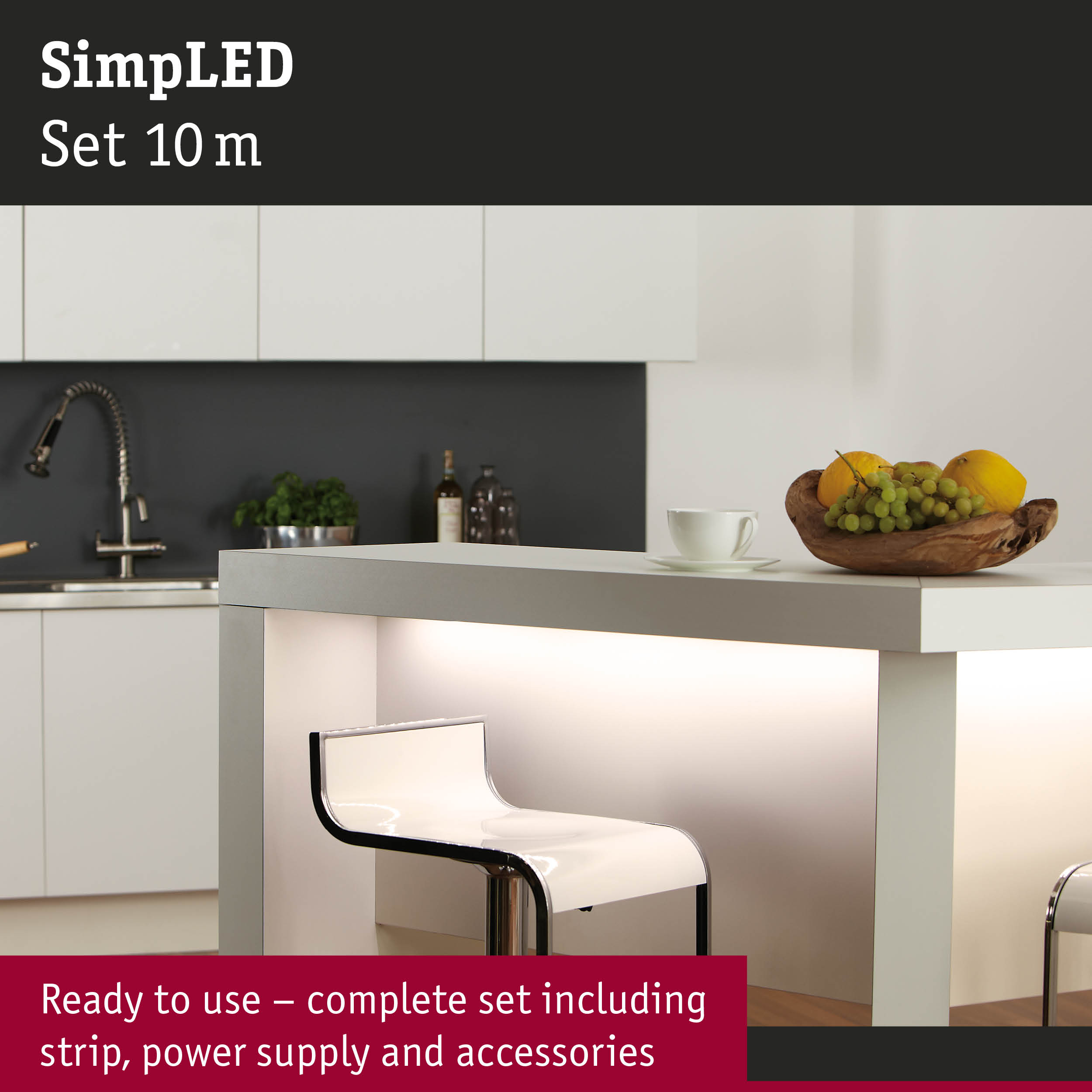 Modern white kitchen island with illuminated counter and transparent bar stool in minimalist style
