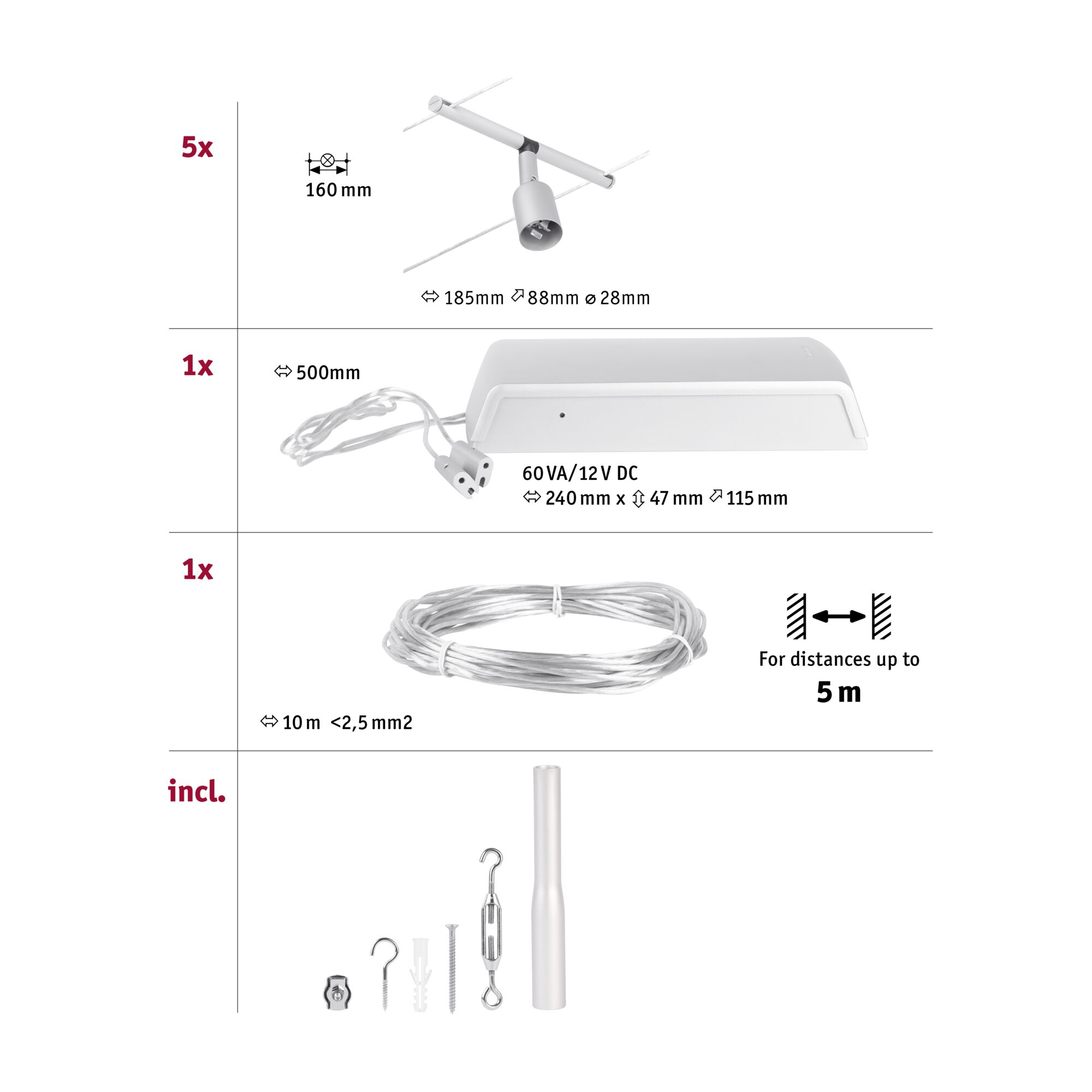 Weißer LED-Seilsystemstrahler mit 160 mm Abstand und 60VA 12V DC Trafo, inklusive Montagezubehör