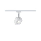 Modern white LED spotlight with square housing and metal rod for track lighting systems