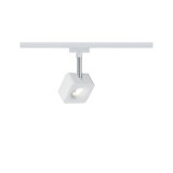 Modern white plastic LED spotlight with chrome rod for adjustable lighting solutions