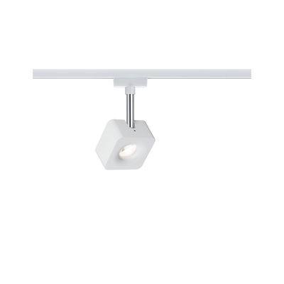 Modern white plastic LED spotlight with chrome rod for adjustable lighting solutions