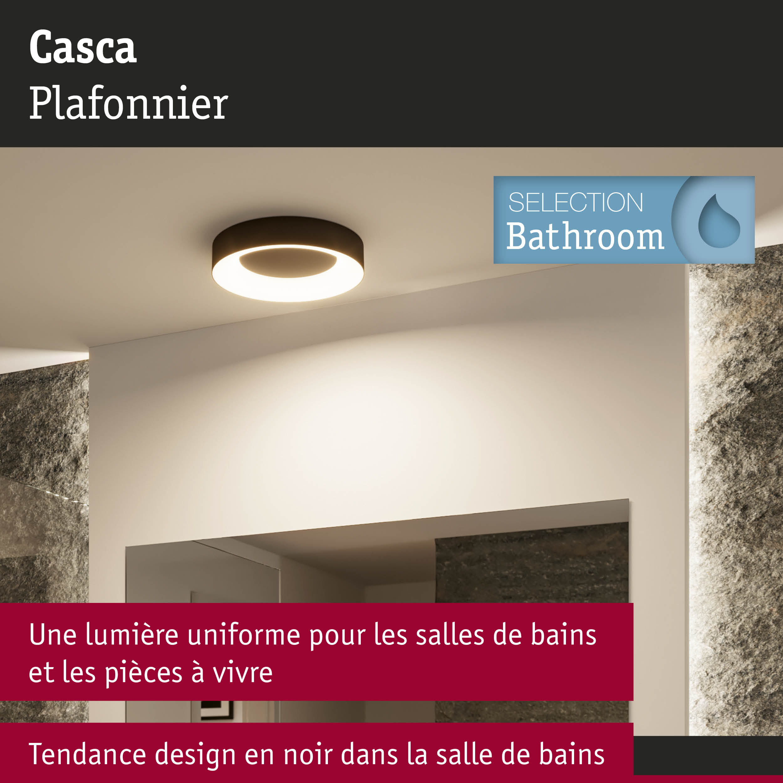 Plafonnier Casca noir LED avec lumière uniforme pour salles de bains et pièces à vivre