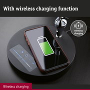 Black wireless charging station with smartphone and touch panel for wireless charging