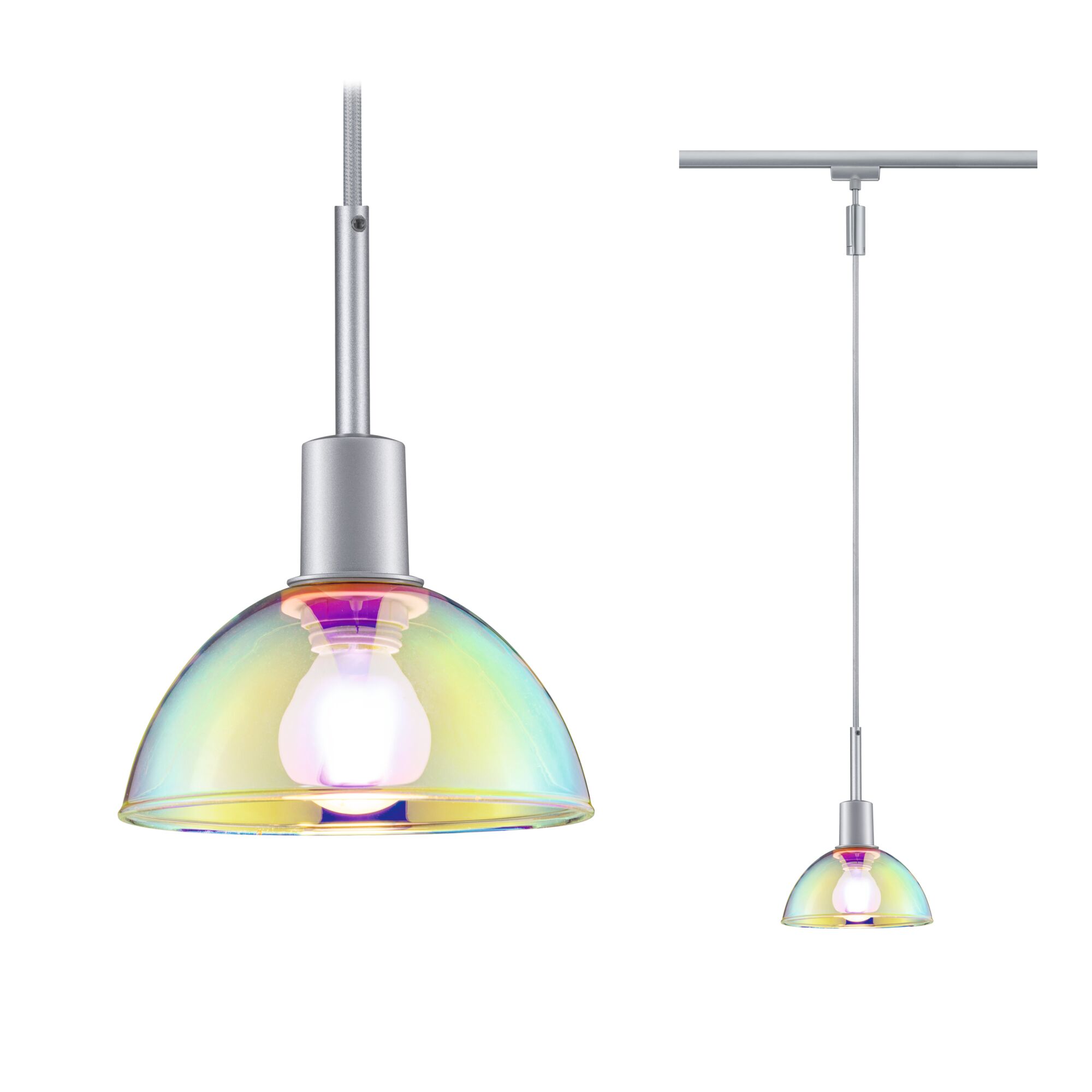Pendant light with iridescent glass and silver metal holder, modern LED hanging lamp for living spaces