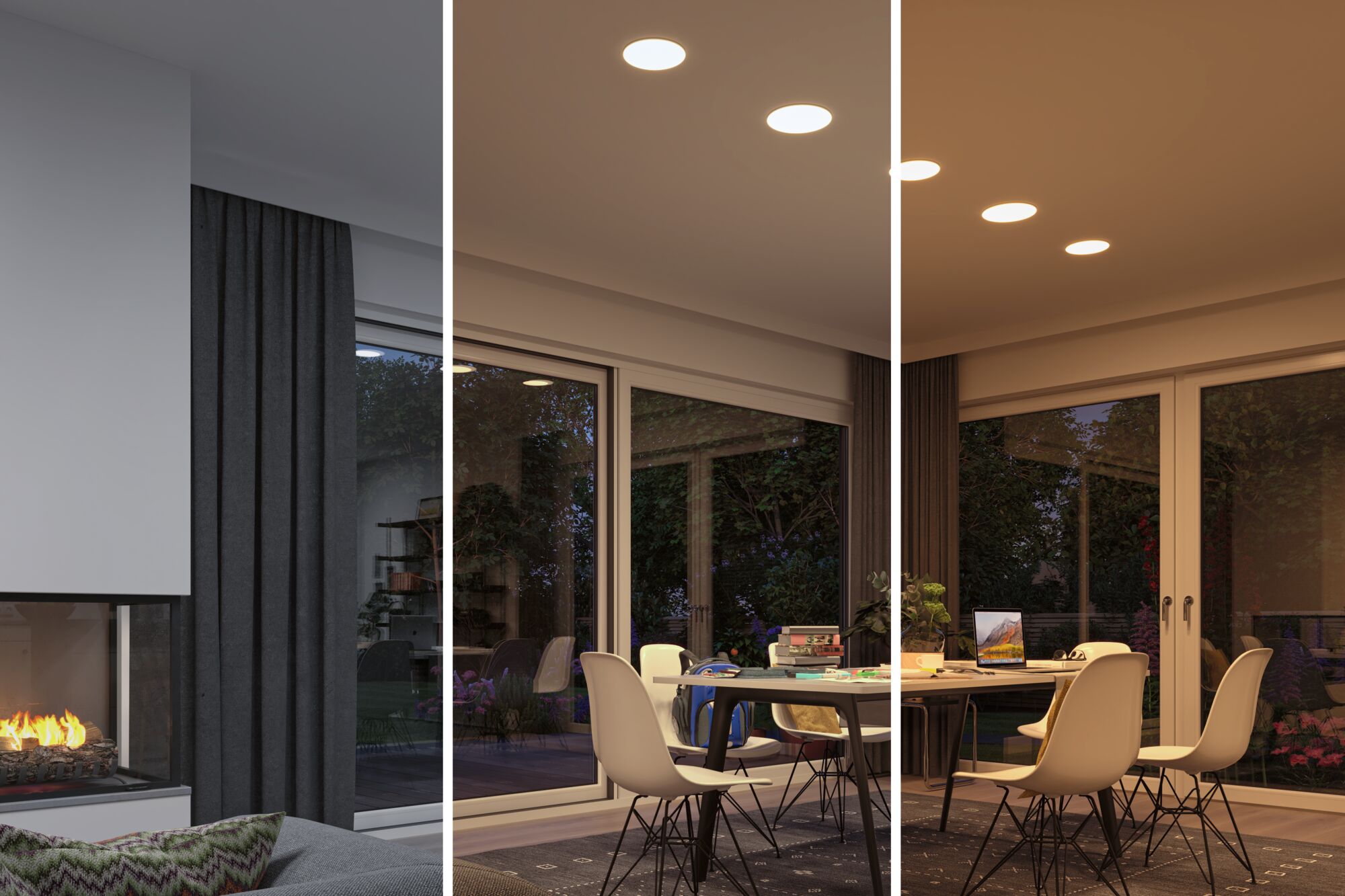 Modern dining room with white chairs and round LED recessed lights emitting warm white light