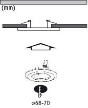 Technical drawing of round recessed spotlight base with adjustable lamp head and installation diameter 68-70 mm