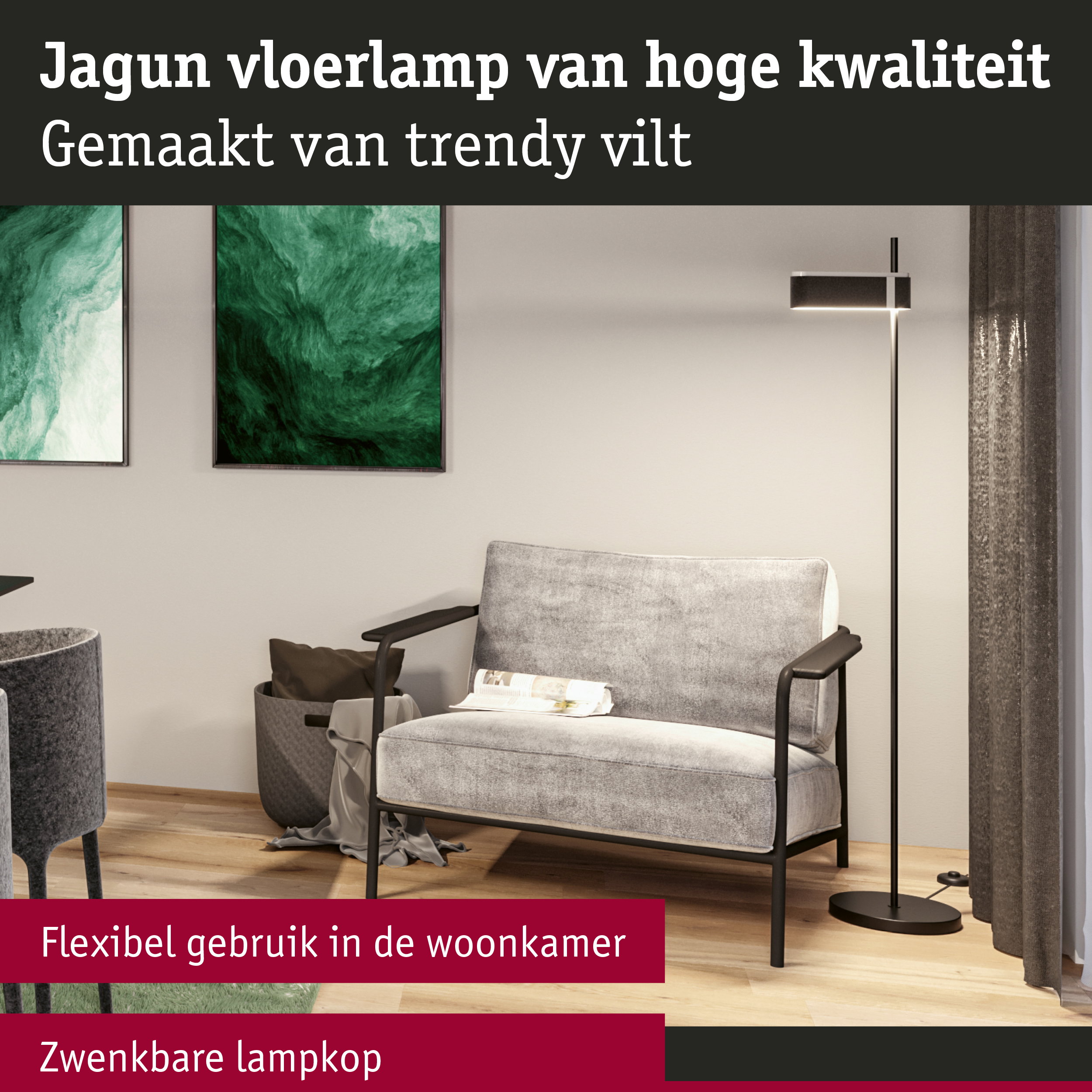 Moderne vloerlamp van grijs vilt met draaibare lampenkap voor flexibel woonkamerlicht