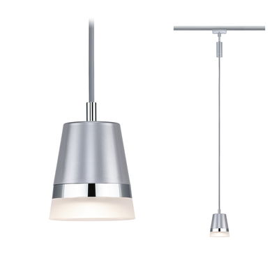 Moderne Pendelleuchte aus silbernem Metall mit weißem Diffusor und Chromring für Schienensysteme