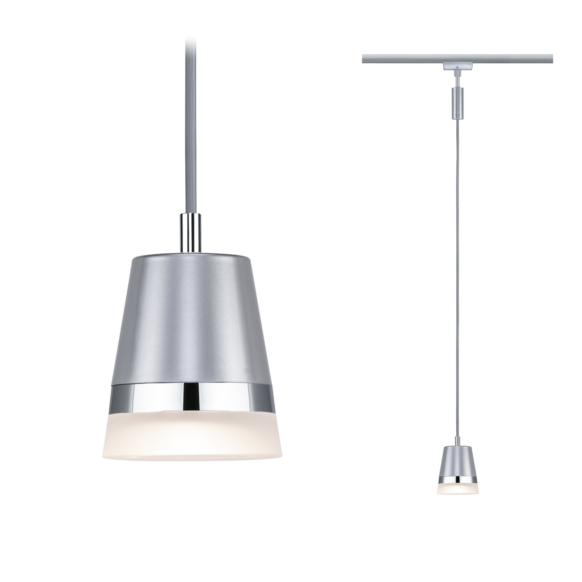 Moderne sølvfarvet metalpendel med hvid diffusor og kromring til skinnesystemer